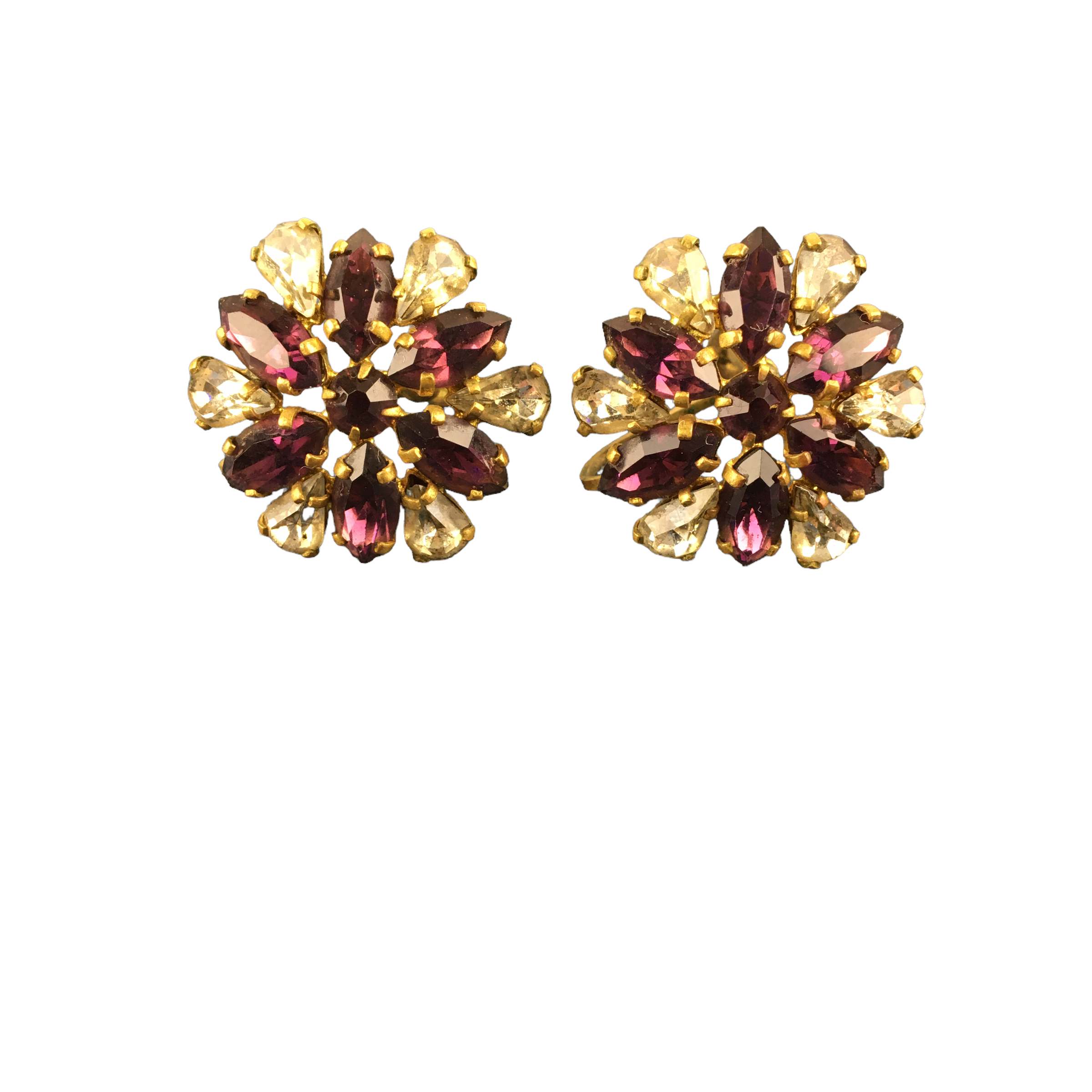 Vintage Earring Set Purple and Clear Rhinestones Gold Tone Screw Back - Avid Vintage