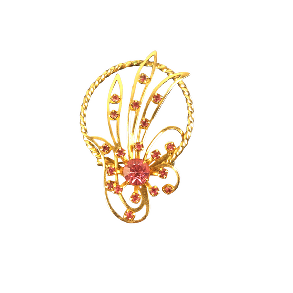 Vintage Brooch Gold Tone with Pink Rhinestones