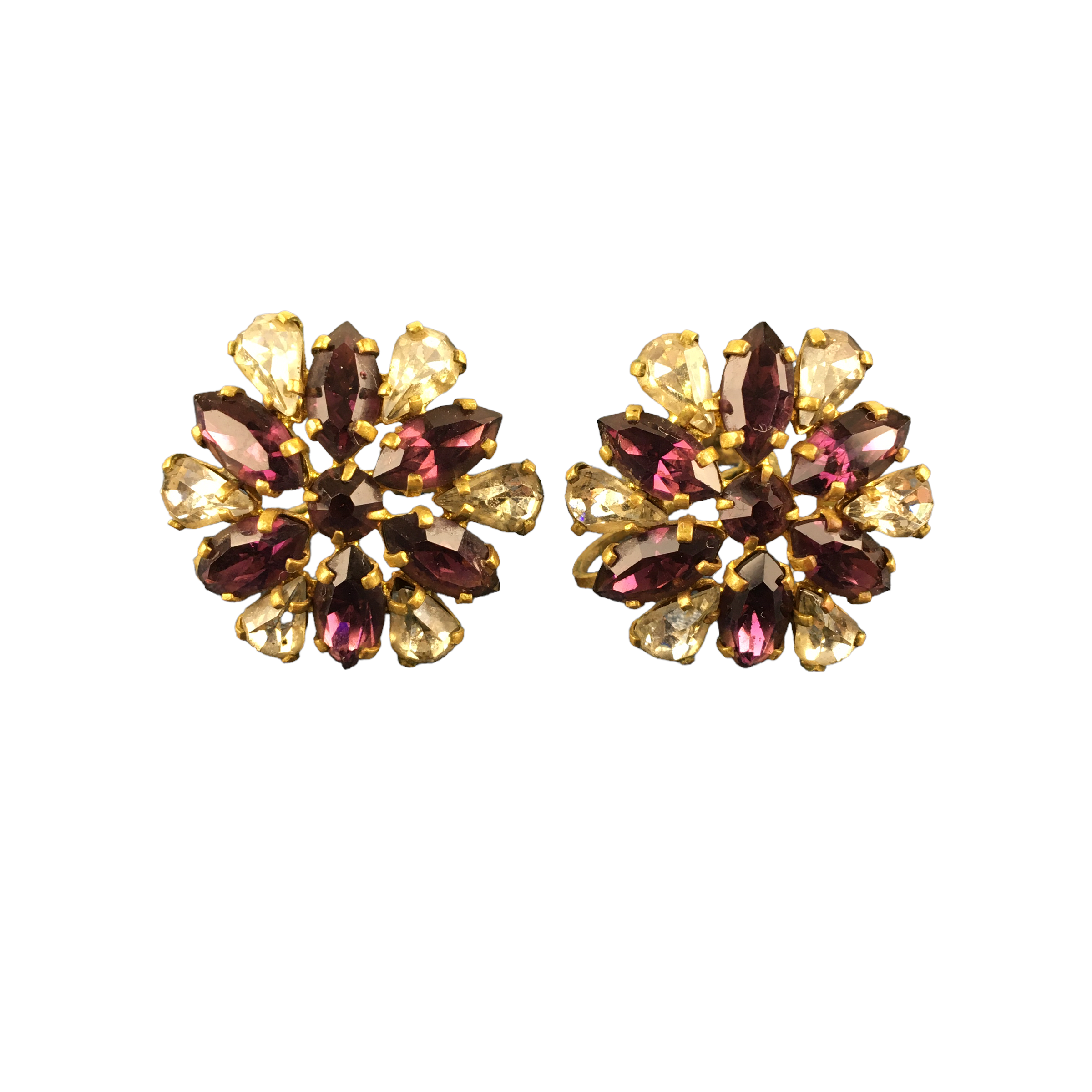 Vintage Earring Set Purple and Clear Rhinestones Gold Tone Screw Back - Avid Vintage