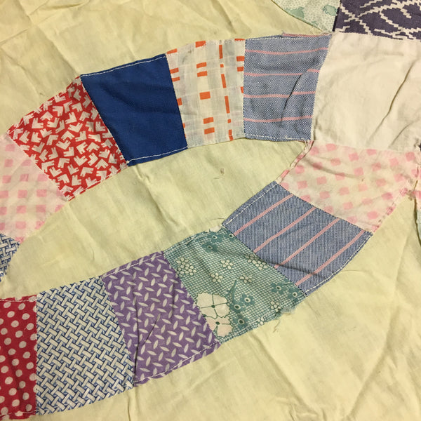 Vintage Quilt Top for Crafts Double Wedding Ring 77 x 95 Damaged