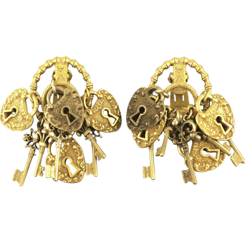 Chunky Lock and Key Charms Clip on Earrings Designer Signed ART