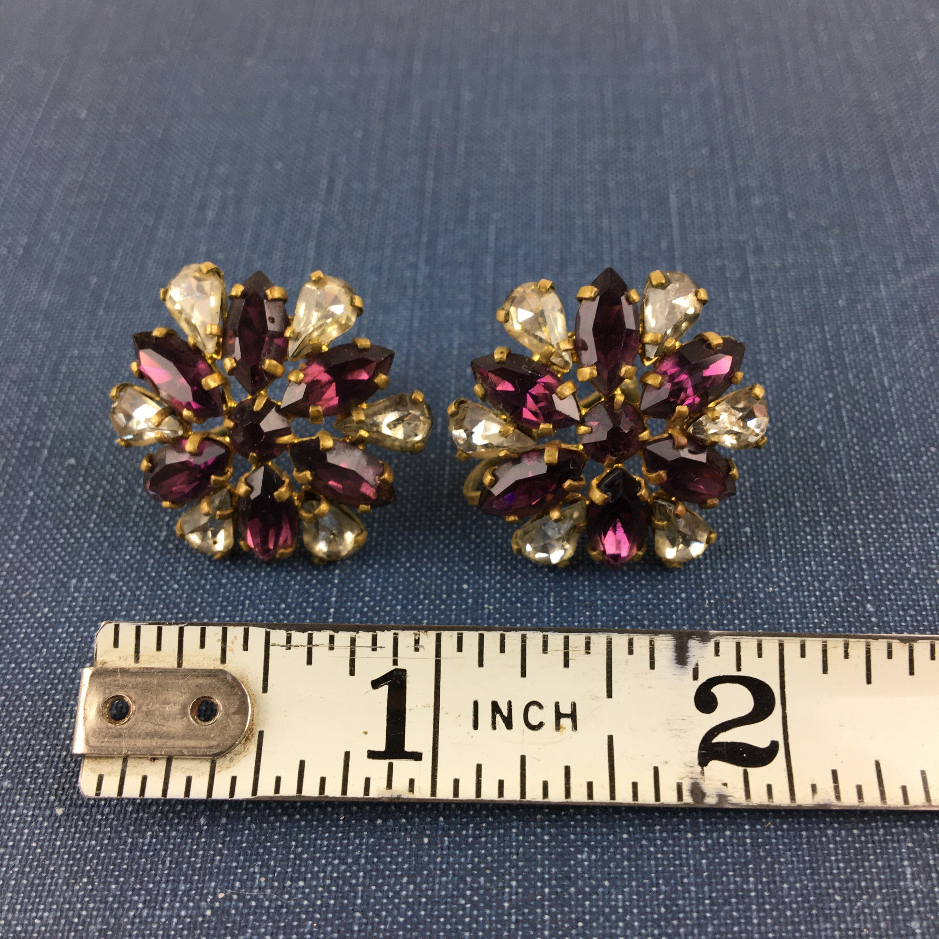 Vintage Earring Set Purple and Clear Rhinestones Gold Tone Screw Back - Avid Vintage