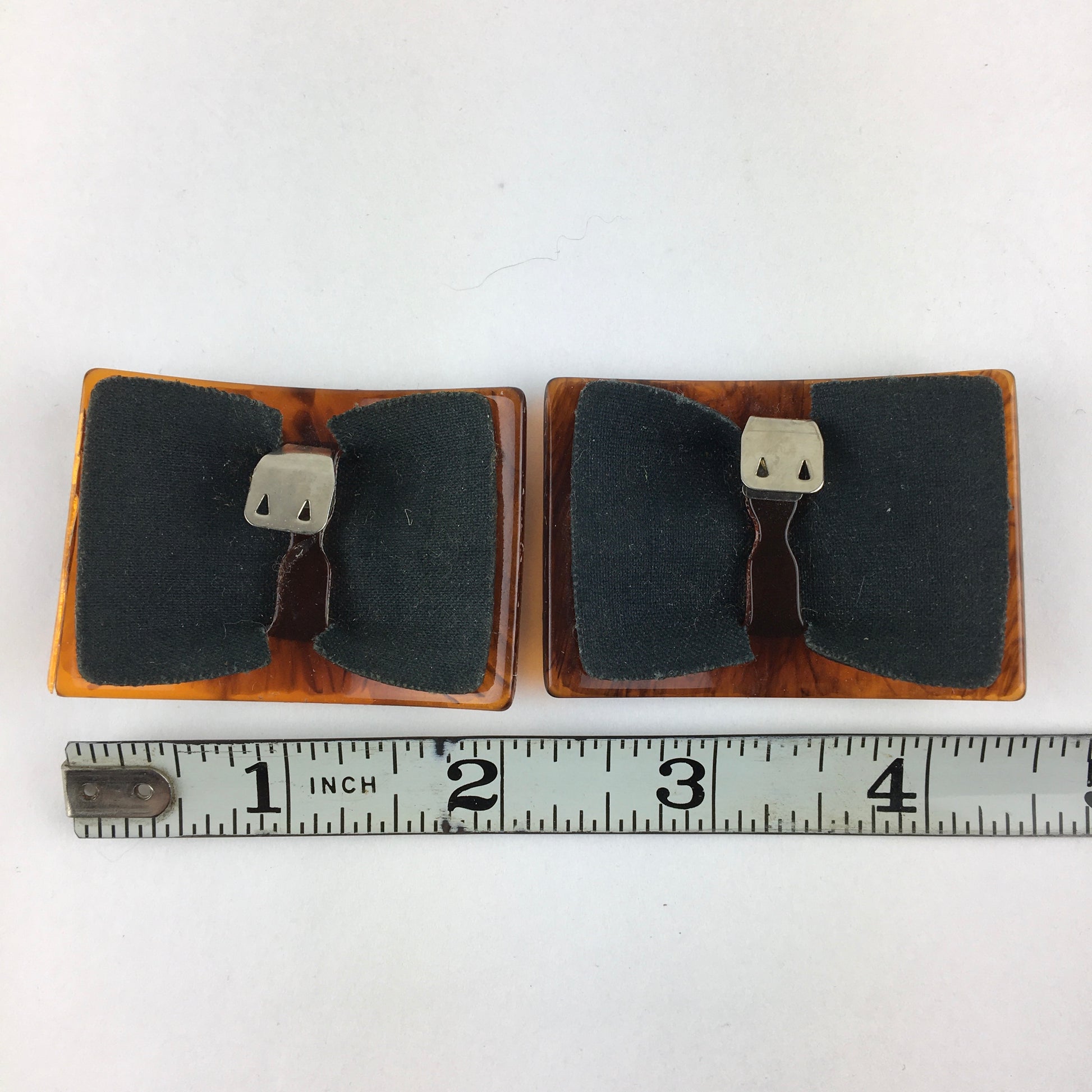 Vintage Shoe Clips Brown Acrylic Frame Black Faux Leather - Avid Vintage