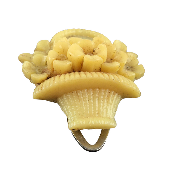 Vintage Carved Coral Celluloid Made In Japan Flower Basket Dress Scarf Fur Clip