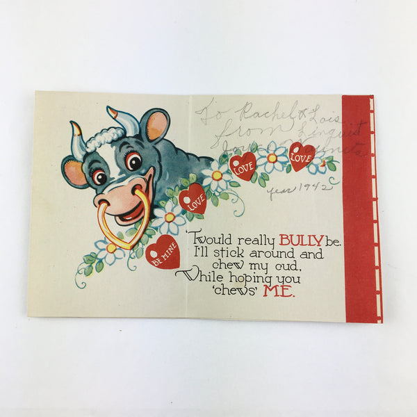 Vintage 1940s Cow and Bull Valentine Card USED