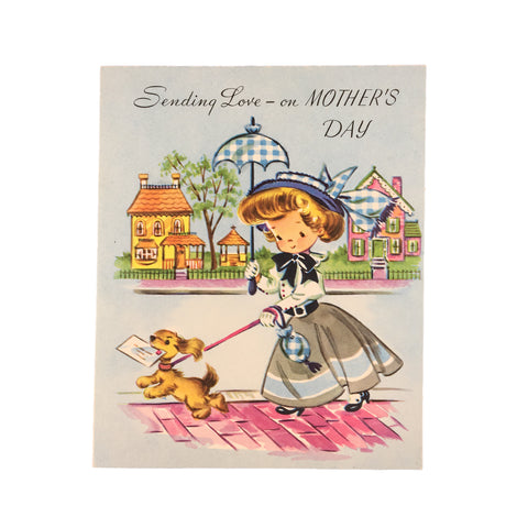 Vintage 1950s Little Miss Lucy Mother’s Day Card Girl Walking Dog Unused