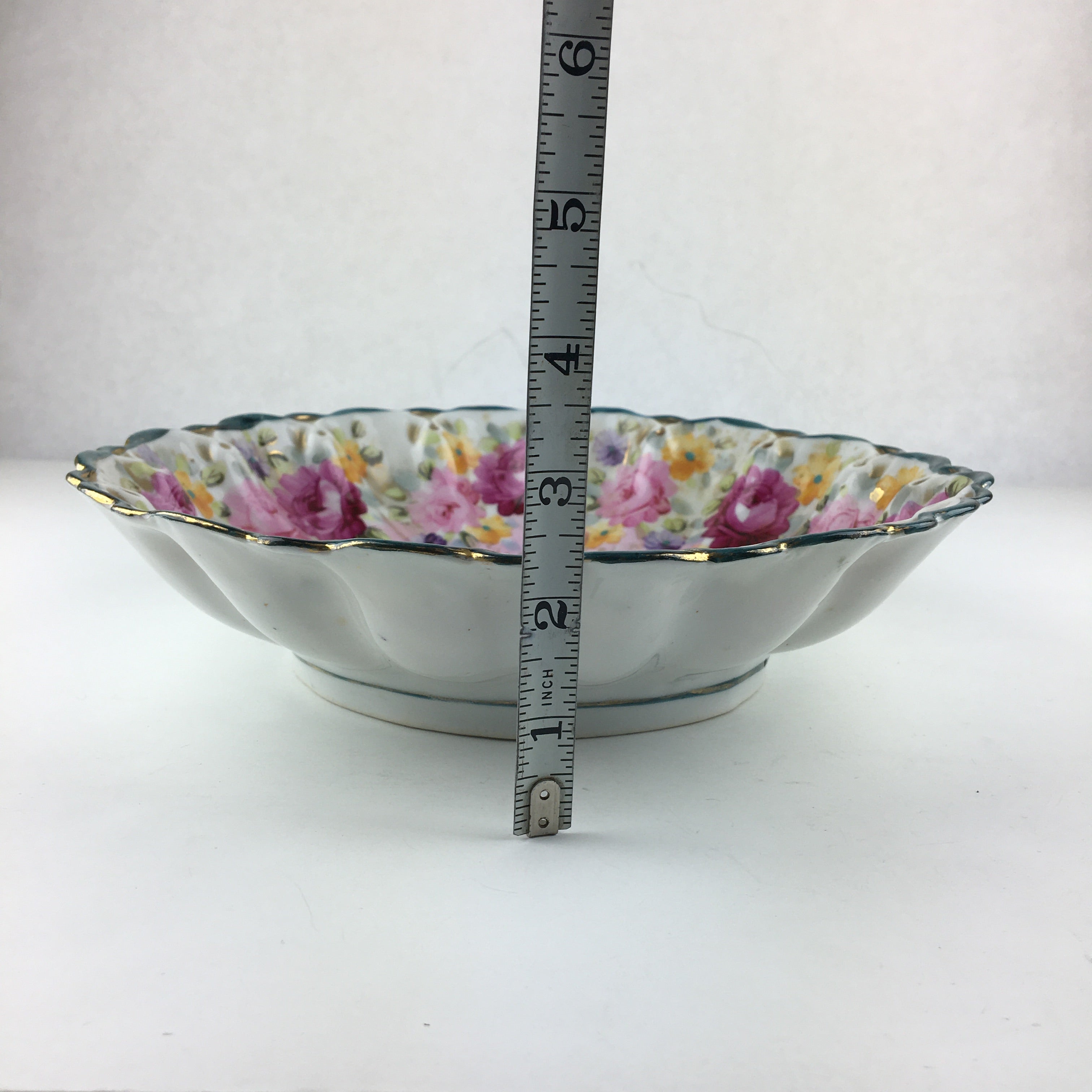 Vintage Floral Fluted Serving Bowl Dish Gold Gilt Accents