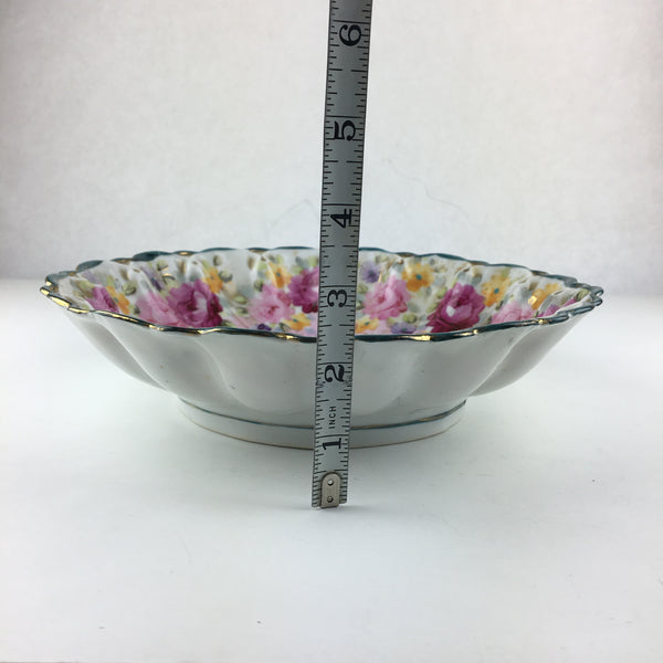 Vintage Floral Fluted Serving Bowl Dish Gold Gilt Accents