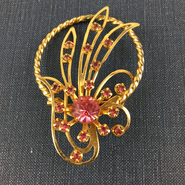 Vintage Brooch Gold Tone with Pink Rhinestones