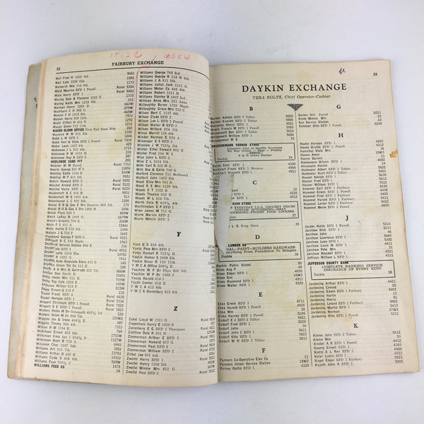 Vintage 1956 Fairbury Nebraska Telephone Directory Book