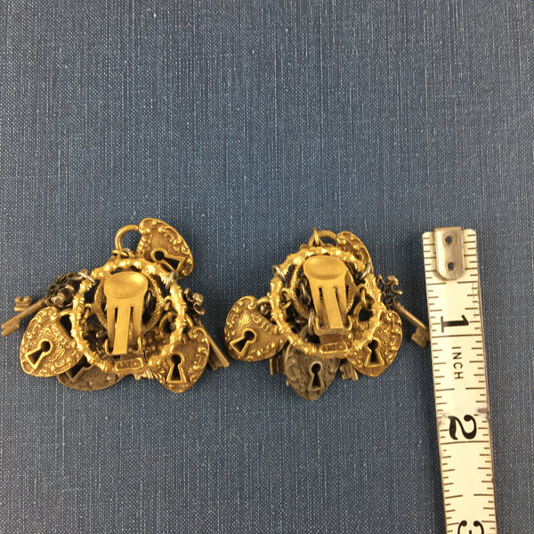 Chunky Lock and Key Charms Clip on Earrings Designer Signed ART