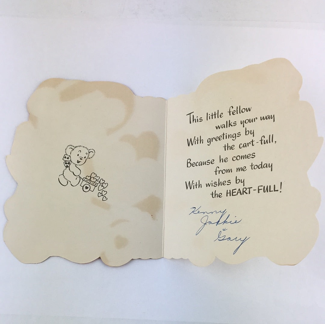 Vintage 1950s Flocked Valentine Card Anthropomorphic Bear