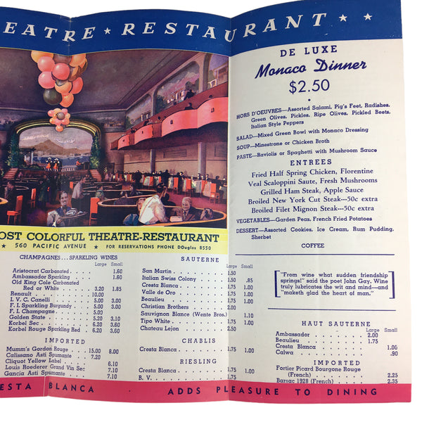 Vintage 1940s Monaco Theatre Restaurant Menu San Francisco