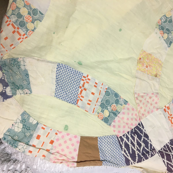 Vintage Quilt Top for Crafts Double Wedding Ring 77 x 95 Damaged