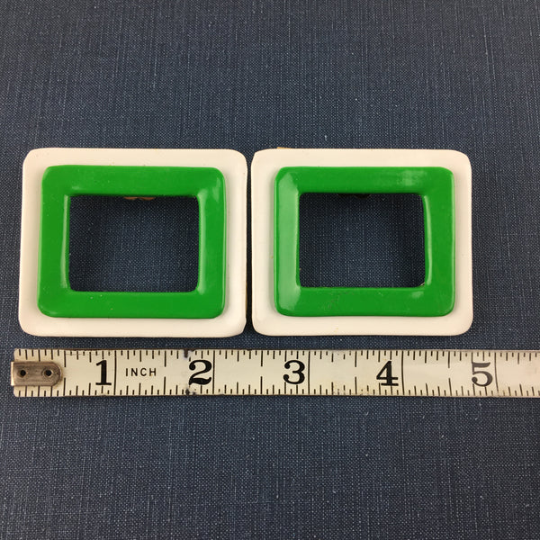 Vintage 1970s Green and White Vinyl Shoe Clips Groovy Rectangles Pair