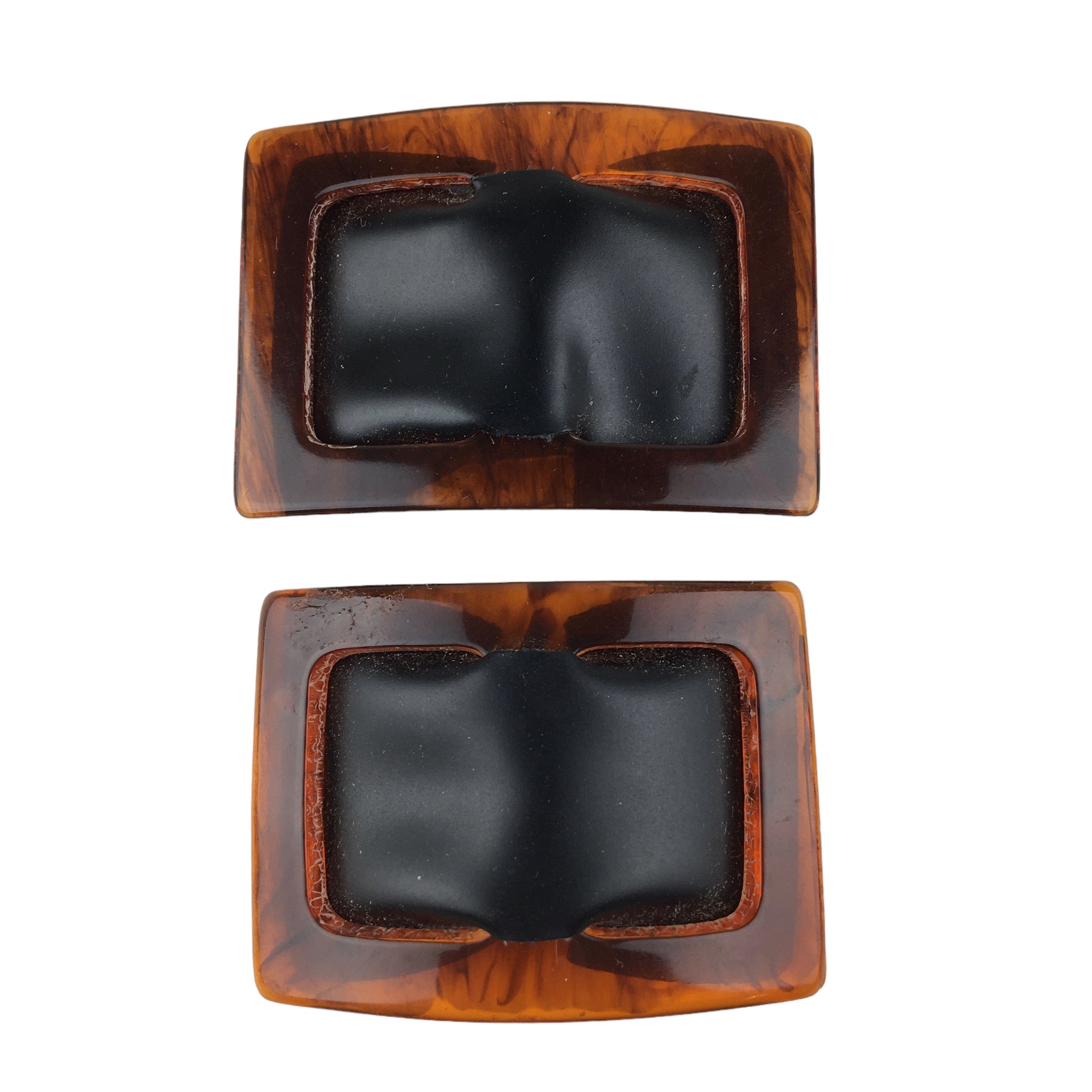 Vintage Shoe Clips Brown Acrylic Frame Black Faux Leather - Avid Vintage