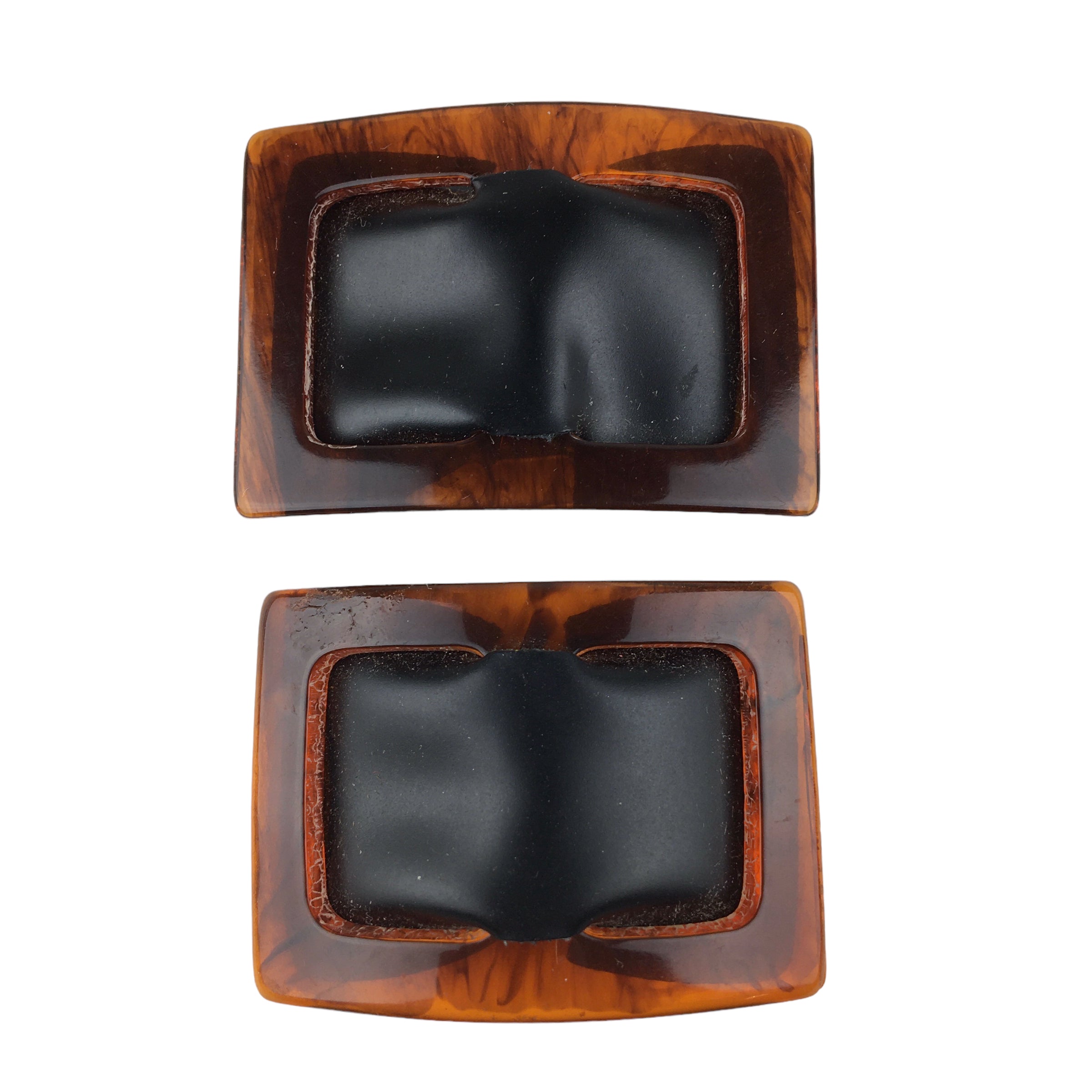 Vintage Shoe Clips Brown Acrylic Frame Black Faux Leather - Avid Vintage