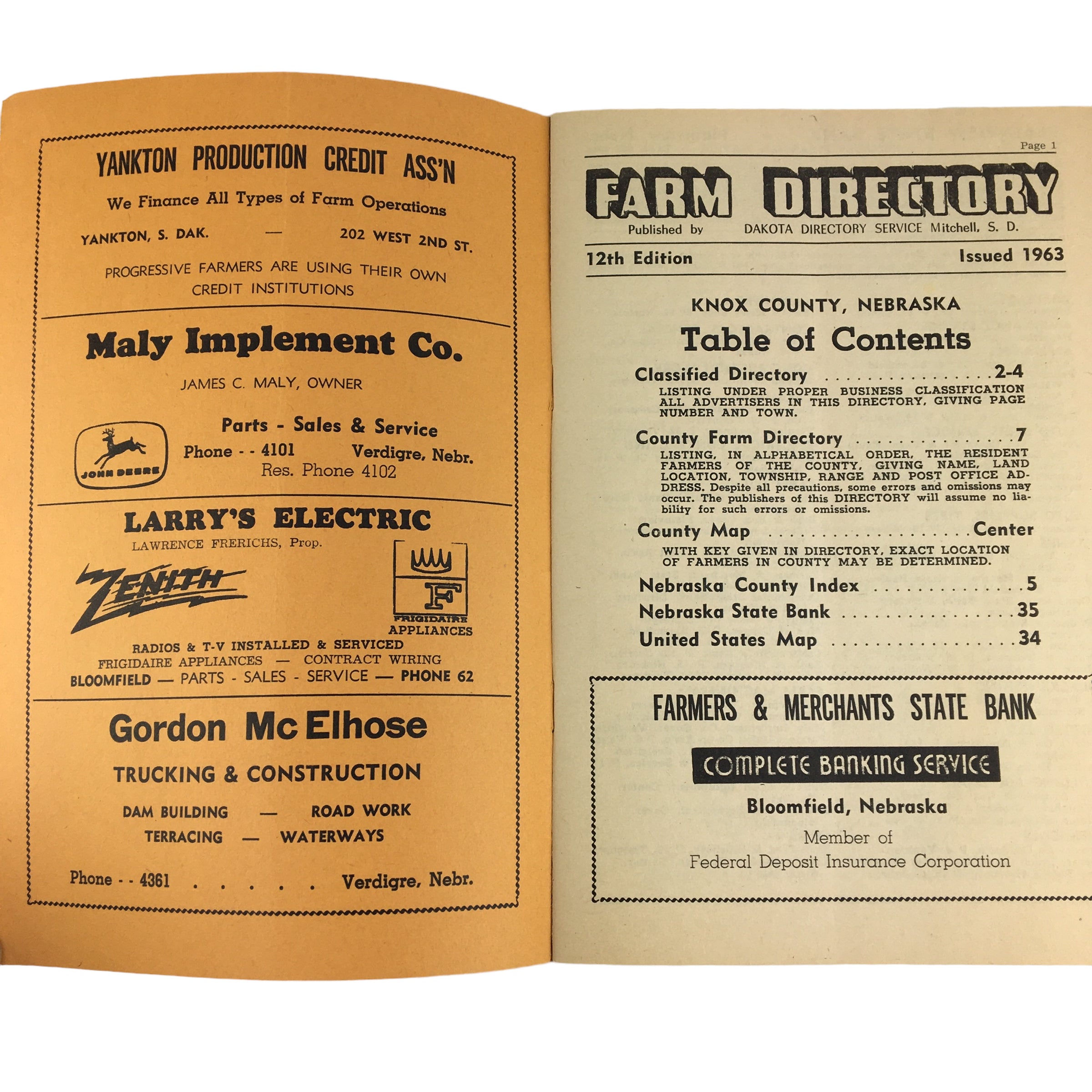 Vintage 1963 Knox County Nebraska Farm Directory Book