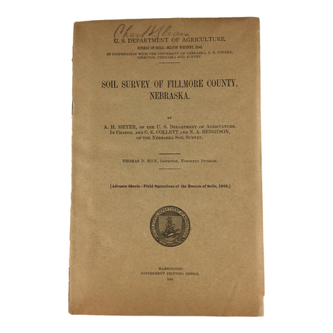 Vintage 1918 Fillmore County Nebraska USDA Soil Survey Color Map Book