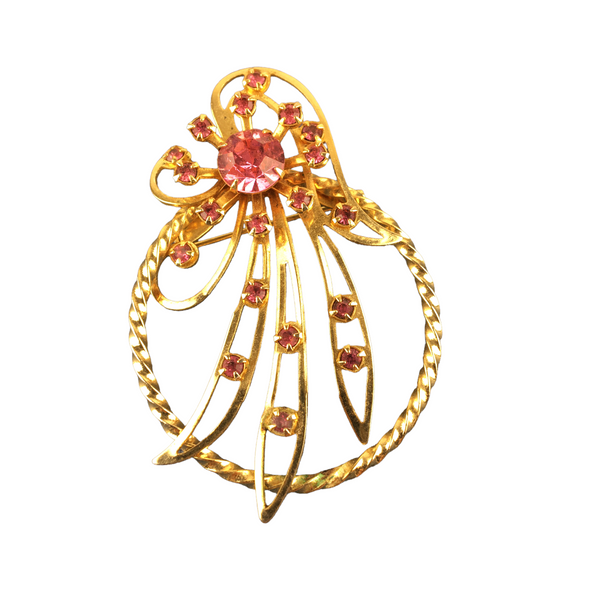 Vintage Brooch Gold Tone with Pink Rhinestones