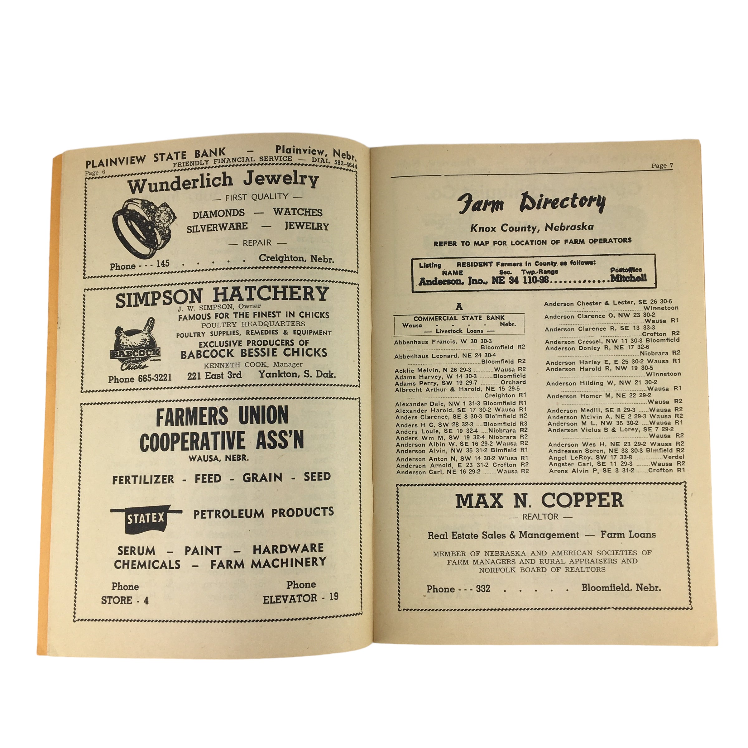 Vintage 1963 Knox County Nebraska Farm Directory Book