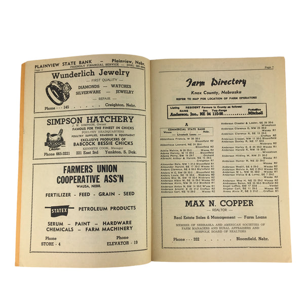 Vintage 1963 Knox County Nebraska Farm Directory Book