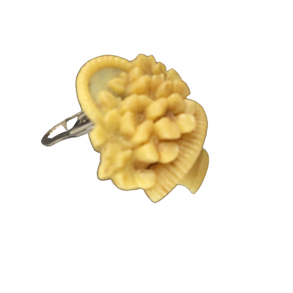 Vintage Carved Coral Celluloid Made In Japan Flower Basket Dress Scarf Fur Clip