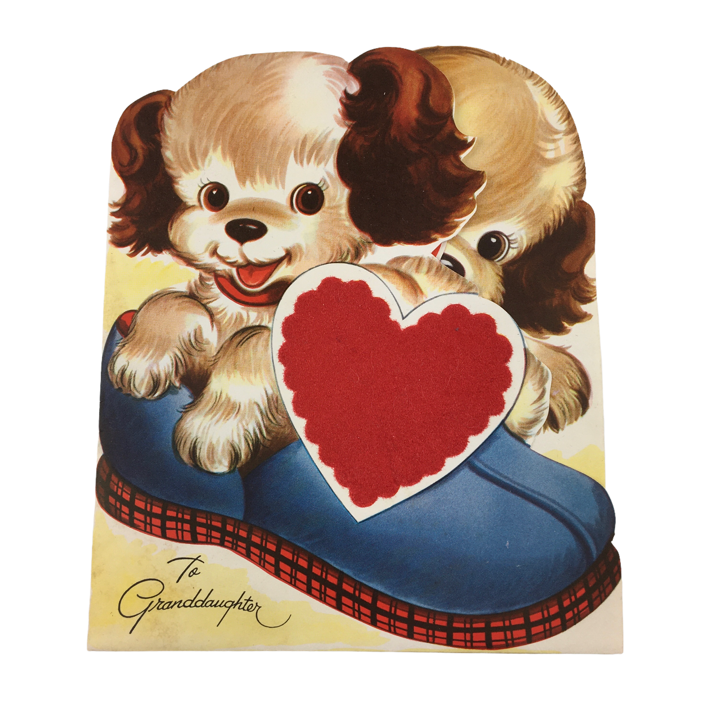 Vintage 1950s Flocked Valentine Card Puppies in Shoe Slipper