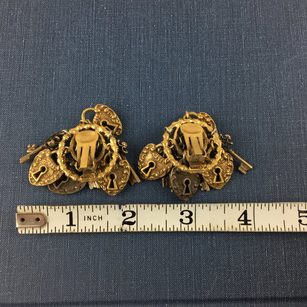 Chunky Lock and Key Charms Clip on Earrings Designer Signed ART