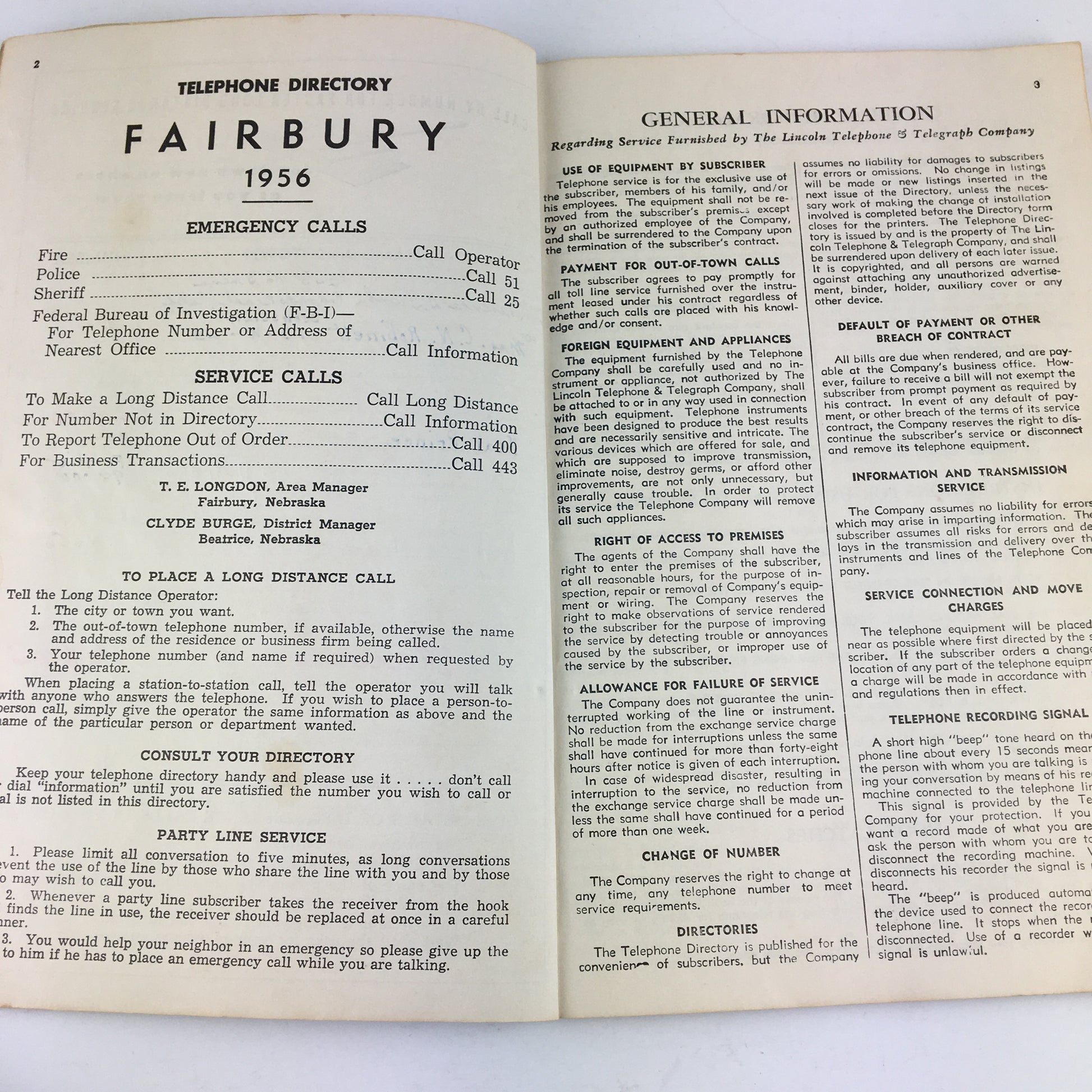 Vintage 1956 Fairbury Nebraska Telephone Directory Book - Avid Vintage