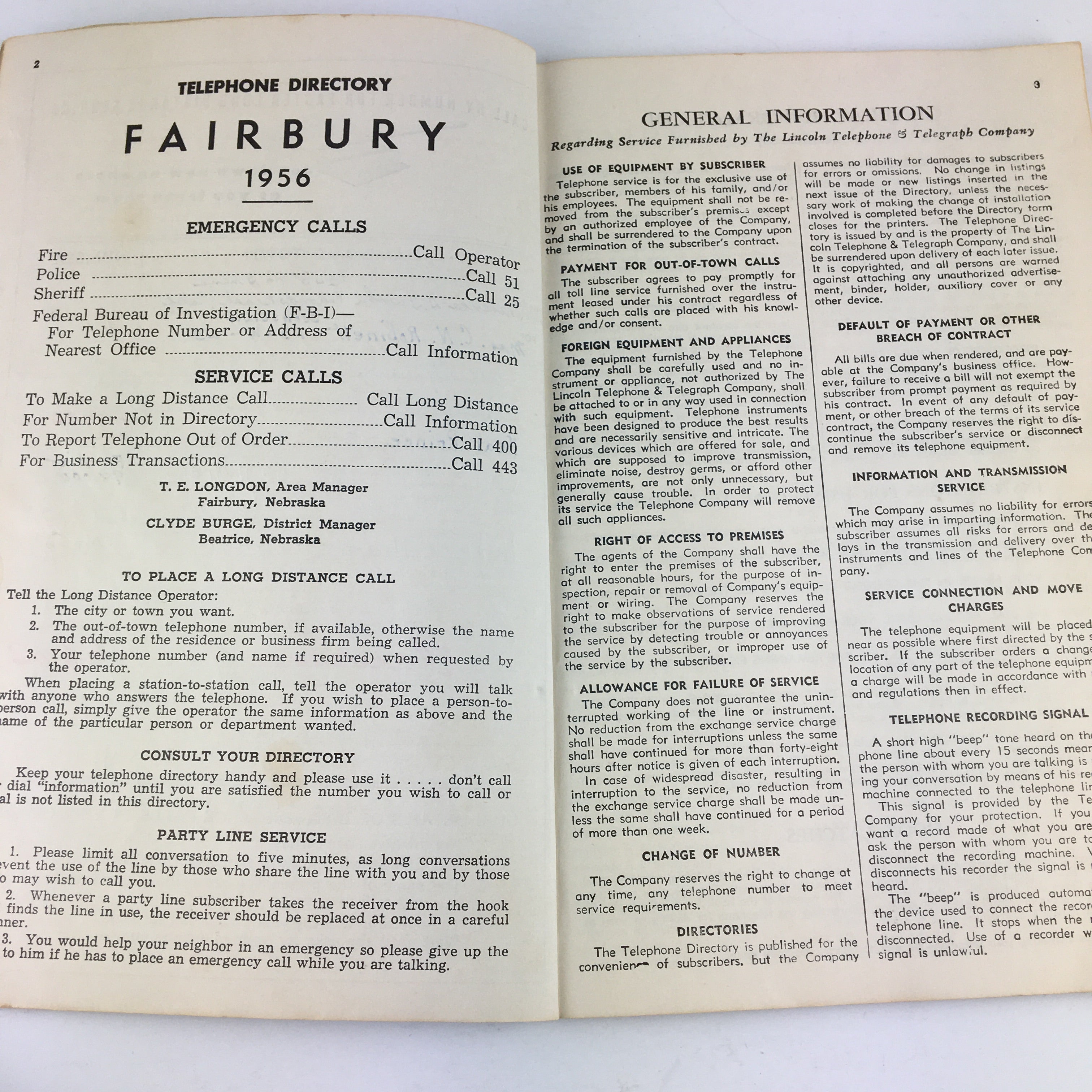 Vintage 1956 Fairbury Nebraska Telephone Directory Book - Avid Vintage