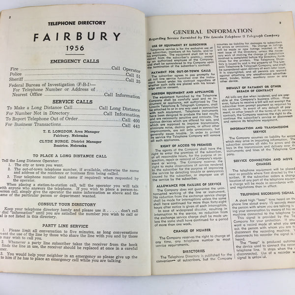 Vintage 1956 Fairbury Nebraska Telephone Directory Book