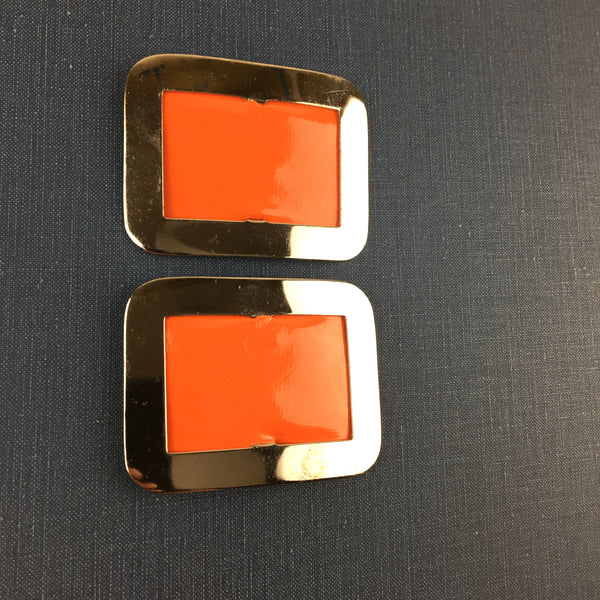 Vintage Shoe Clips Silver Tone Metal and Orange Faux Leather