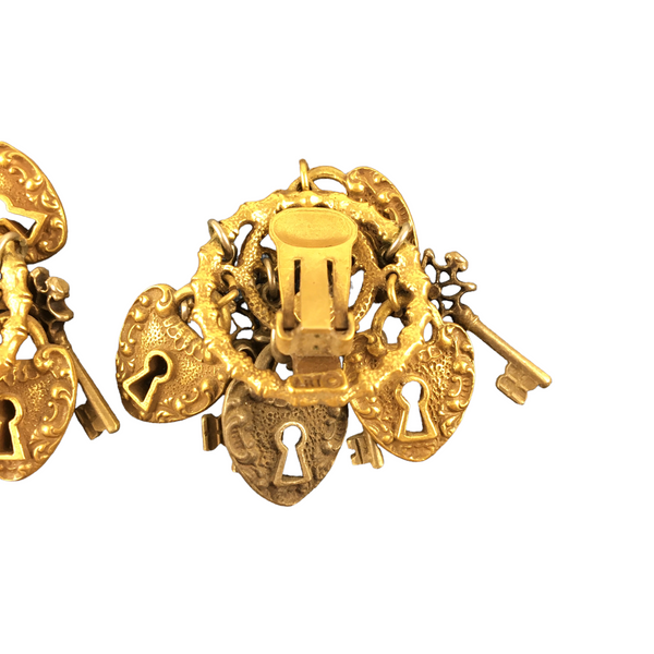 Chunky Lock and Key Charms Clip on Earrings Designer Signed ART