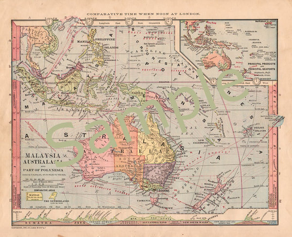 Printable 1880s Antique Color Map of Australia Malaysia and New Zealand Instant Digital Download - Avid Vintage