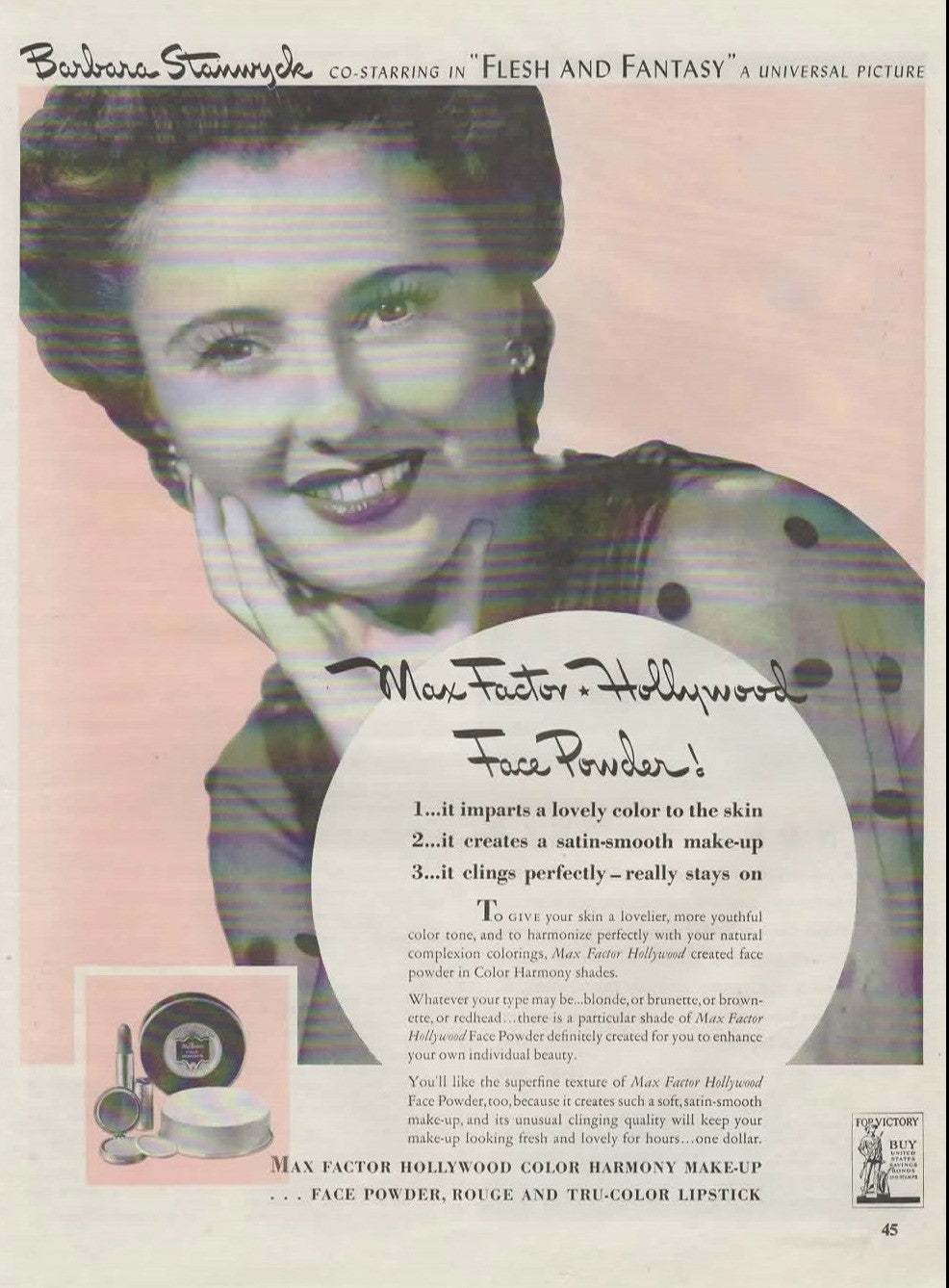 Vintage 1940s Max Factor Face Powder Magazine Print Ad with Barbara Stanwyck and Dundee Towels - Avid Vintage