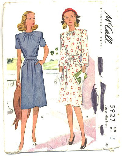 Vintage 1940s Ladies Sewing Pattern Vintage McCalls 5927, Bust 30, Hip 33, Womens 3/4 Sleeve Dress - Avid Vintage