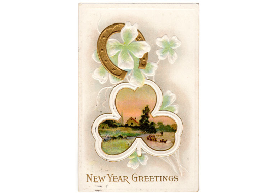 Vintage Shamrock Embossed New Year Postcard Gold Horseshoe Country Farm Scene - Avid Vintage