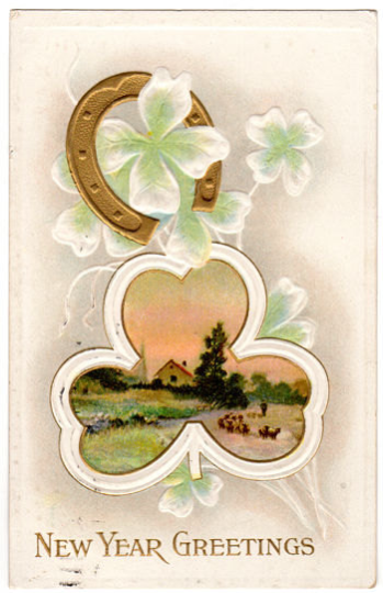 Vintage Shamrock Embossed New Year Postcard Gold Horseshoe Country Farm Scene - Avid Vintage