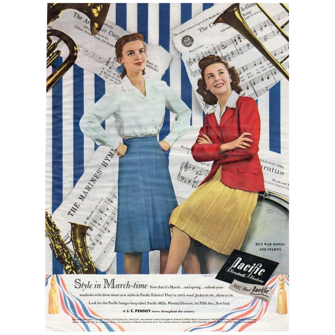 Vintage 1943 Pacific Woolens Fabric Magazine Print Ad Patriotic WW2 Advertisement