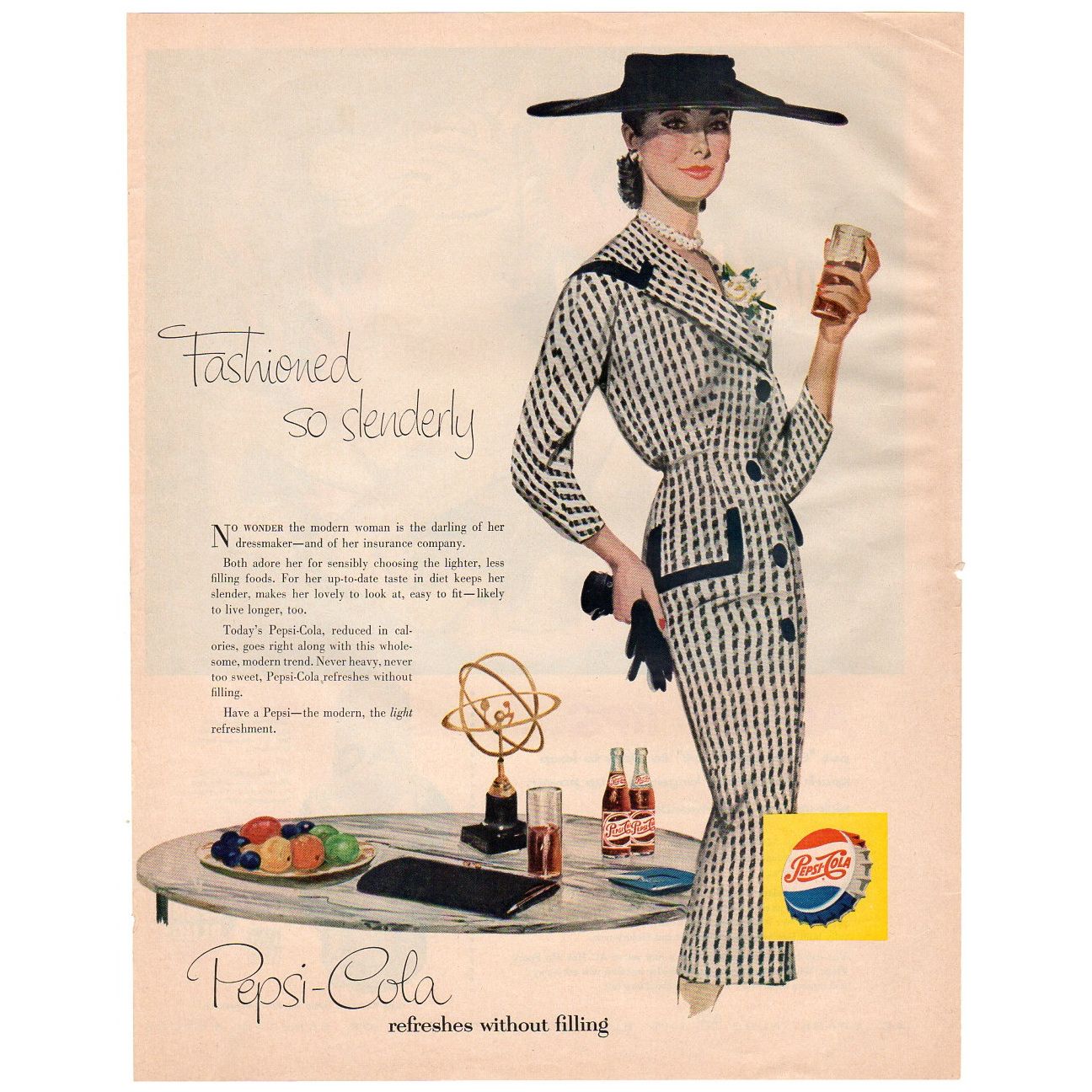 Vintage 1956 Pepsi Cola Magazine Print Ad Fashionable Lady in a Black Hat