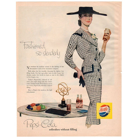 Vintage 1956 Pepsi Cola Magazine Print Ad Fashionable Lady in a Black Hat