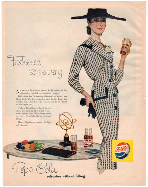 Vintage 1956 Pepsi Cola Magazine Print Ad Fashionable Lady in a Black Hat - Avid Vintage