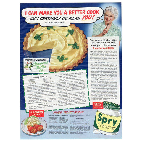 Vintage 1943 Spry Shortening Magazine Print Ad Shamrock Chiffon Pie Recipe