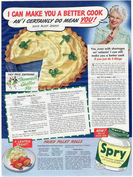 Vintage 1943 Spry Shortening Magazine Print Ad Shamrock Chiffon Pie Recipe - Avid Vintage