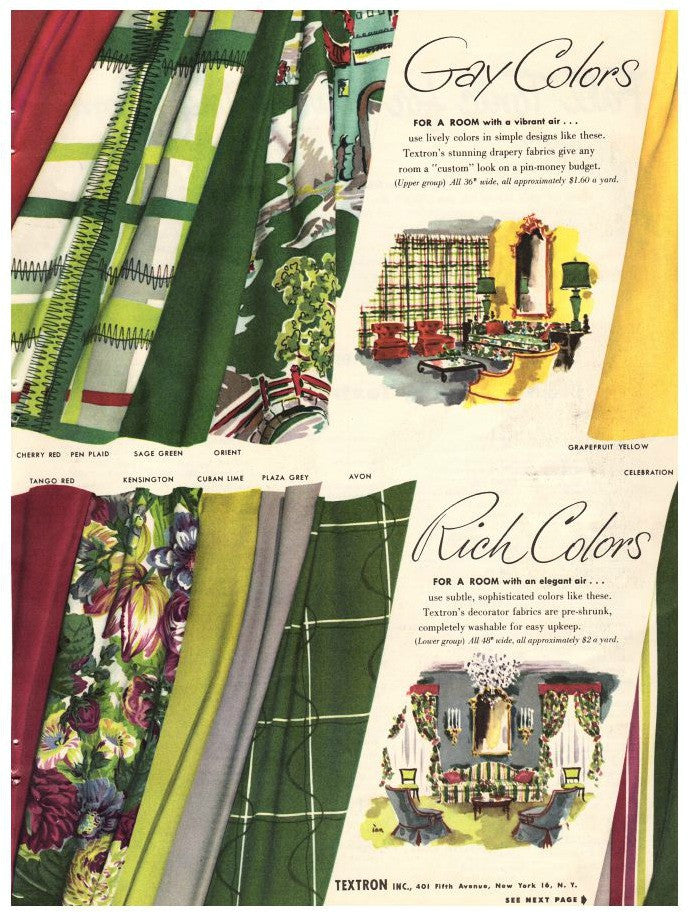 Vintage 1949 Textron Curtain Fabric Magazine Print Ad 1940s Drapery Yardage Advertisement - Avid Vintage