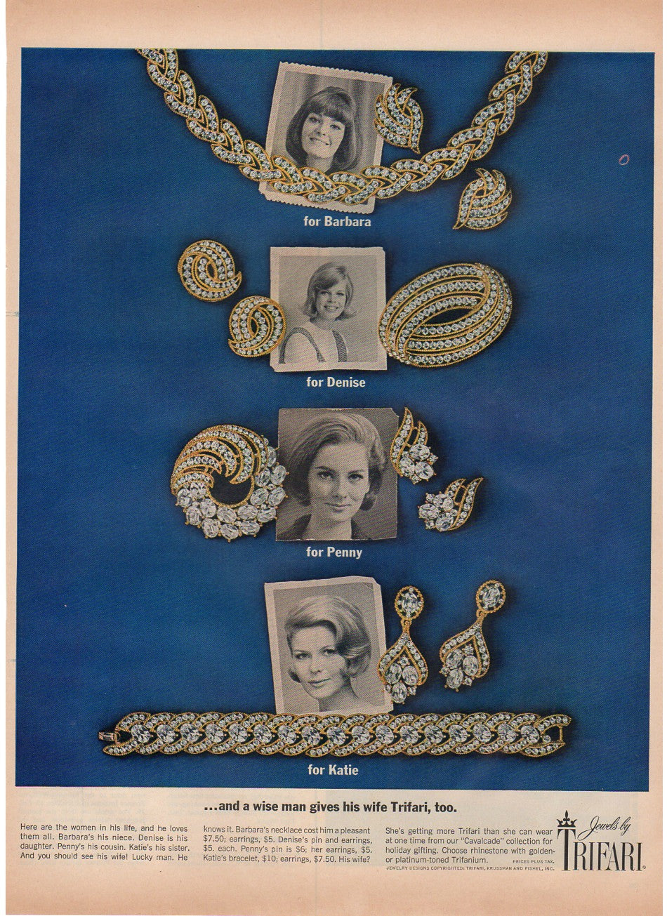 Vintage 1963 Trifari Jewelry Magazine Print Ad Rhinestone Necklace Brooch Cavalcade Collection - Avid Vintage