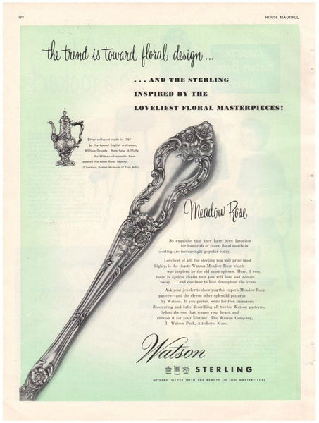Vintage 1949 Watson Sterling Silverware Meadow Rose Pattern Magazine Print Ad - Avid Vintage